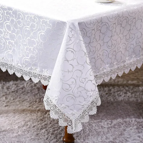 Vista 9 de Camino de mesa de encaje de jacquard blanco, bufanda rústica para Navidad, boda, café, exteriores, interiores, fiestas, vacaciones, uso en mesa