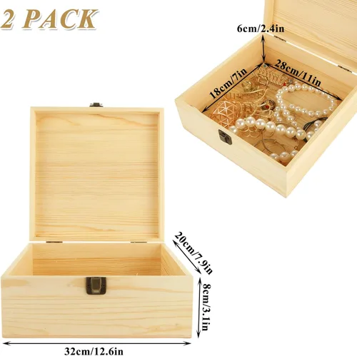 Vista 2 de 2 cajas de madera grandes, 12.6 x 8 x 3.1 pulgadas, caja de madera sin terminar con tapa con bisagras, cajas de madera reutilizables