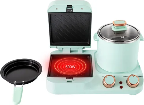 Vista 3 de Estación de desayuno 3 en 1, antiadherente, mini tostadora eléctrica, sándwiches para desayuno, máquina de desayuno con sartén, olla para hervir