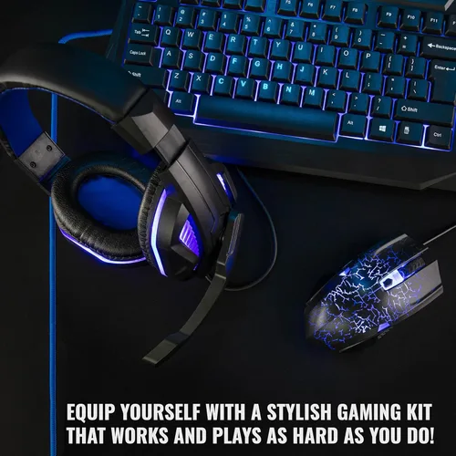 Vista 5 de Ritz Gear Kit de accesorios para juegos (azul) Paquete de retroiluminación LED 4 en 1 Combo de PC con teclado multimedia, mouse óptico, alfombrilla