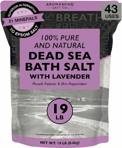 Aromasong Sal pura del mar muerto para remojar con lavanda 100% natural, 19 libras, sal de baño de spa de grano fino, exfoliante de lavado corporal,