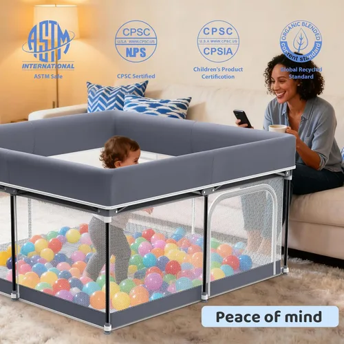 Vista 4 de Corralito plegable para bebés con alfombra, corralito de 50 x 50 pulgadas para bebés y niños pequeños, corralito para bebé con puerta, transpirable