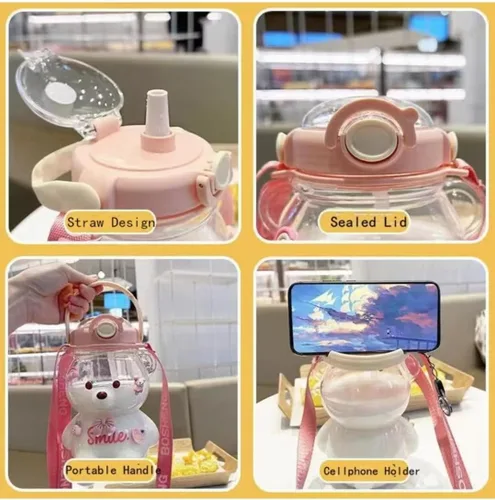 Vista 3 de Botella de agua Kawaii Bear a prueba de fugas con correa de hombro ajustable y extraíble para niños y niñas (rosa)
