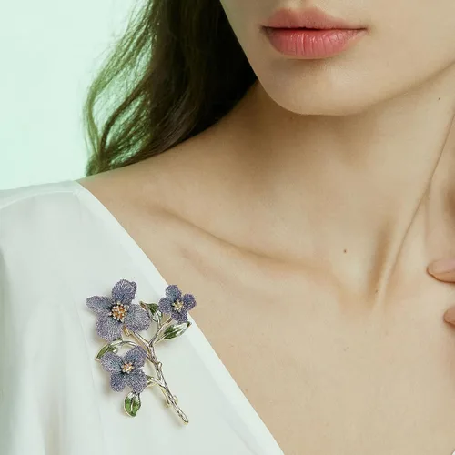 Vista 2 de Forget me not Flower Brooch Handmade Gold Thread Embroidered and hand-Drip Enamel leaf, Gradient Botanical Floral Brooch pins for women, SHE'S FREE