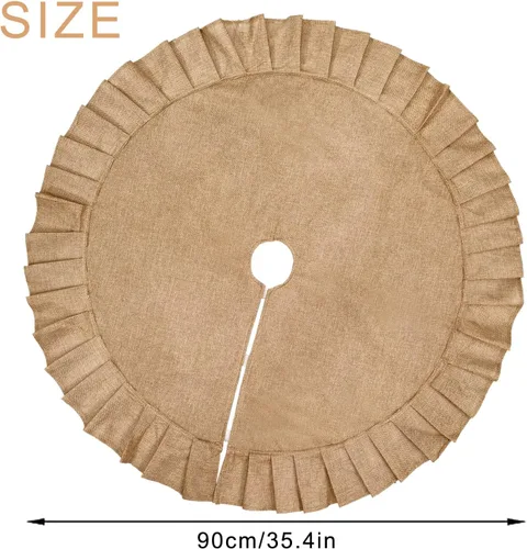 Vista 5 de Falda de árbol de Navidad, falda de árbol de arpillera de lino con borde con volantes, falda rústica de arpillera de árbol de Navidad