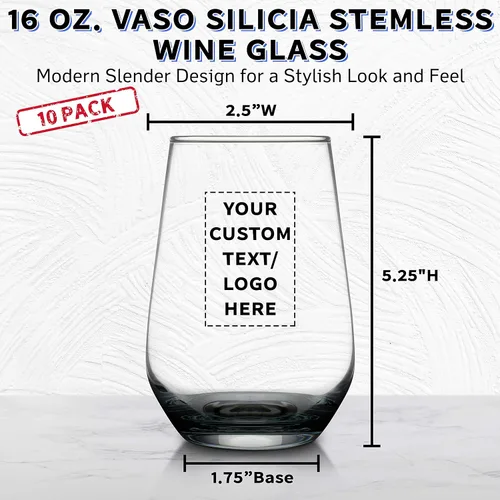 Vista 5 de DISCOUNT PROMOS Juego de copas de vino de Silicia de 10 vasos sin tallo, 16 onzas, texto personalizado, logotipo, transparente, similar a un orbe