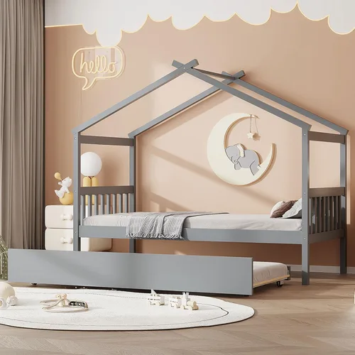 Vista 206 de Merax Cama de madera de tamaño individual con dos cajones, marco de cama de madera con techo para niños, adolescentes, niños o niñas, gris