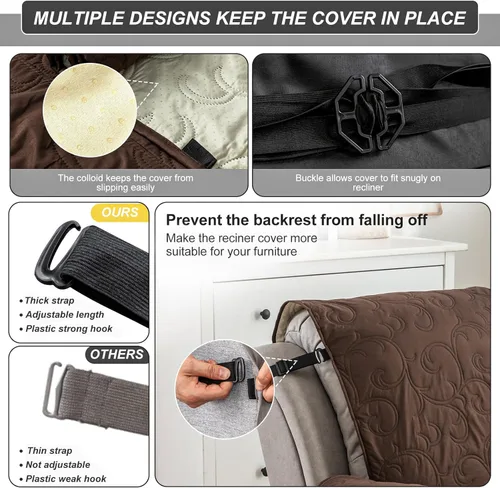Vista 6 de Funda de silla reclinable 100% impermeable, fundas de silla reclinable para silla reclinable, funda de tela antideslizante para sala de estar, Café