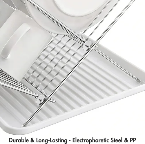 Vista 5 de Youeon Escurridor de platos plegable con bandeja de goteo, escurridor de platos de acero inoxidable de 2 niveles, escurridor de platos plegable