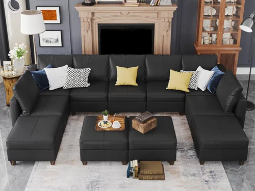 Vista 44 de EASE MOOSE Sofá Seccional Modular en Forma de U con Almacenamiento, Sofá Seccional de Piel Sintética para Sala de Estar, Negro