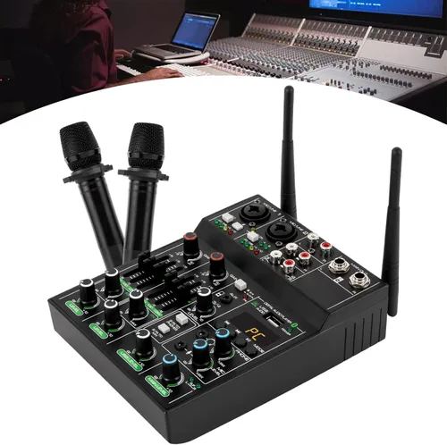 Vista 3 de Mezclador de audio profesional, mezclador de sonido de 4 canales con micrófono inalámbrico doble, consola de tablero de sonido, MP3, Bluetooth, 48V