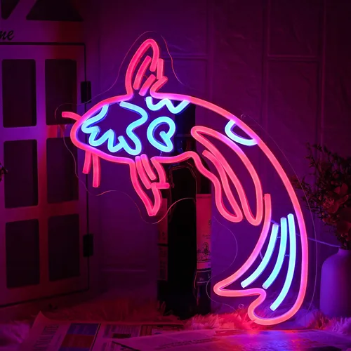 Vista 8 de Koi Fish - Letrero de neón con luces de neón de carpa Koi, peces japoneses, luces LED azul neón y rojo con pez de la suerte para decoración