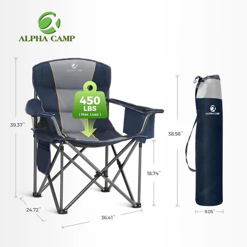 Vista 3 de ALPHA CAMP Silla plegable de gran tamaño para campamento, resistente con bolsa enfriadora, soporte de 450 libras, marco de acero, plegable