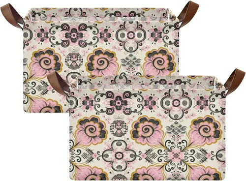 Vista 2 de Japanese Style Paisley Pink Flower Black Foldable Baskets Fabric Storage Bins with Handles Laundry Storage Bedroom Living Room for Makeup Books