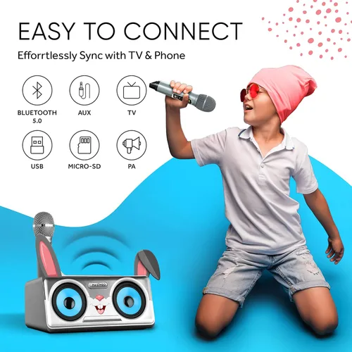 Vista 5 de Máquina de karaoke de conejo para niños, niños y niños pequeños con 2 micrófonos inalámbricos Bluetooth, sistema de altavoces PA portátil que