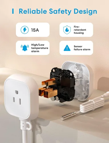 Vista 3 de Controlador de Temperatura Inteligente Meross 15A 1800W, Enchufe de Salida Controlado por Termostato Wi-Fi Inteligente Funciona con Apple Home