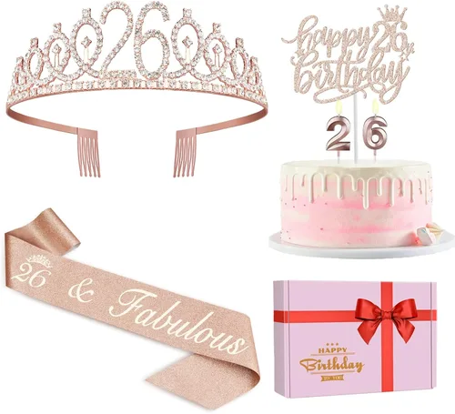 Banda y tiara de cumpleaños de 26 años para mujer, incluye corona de diamantes de imitación, fabulosa banda, velas y decoración de pastel, regalos