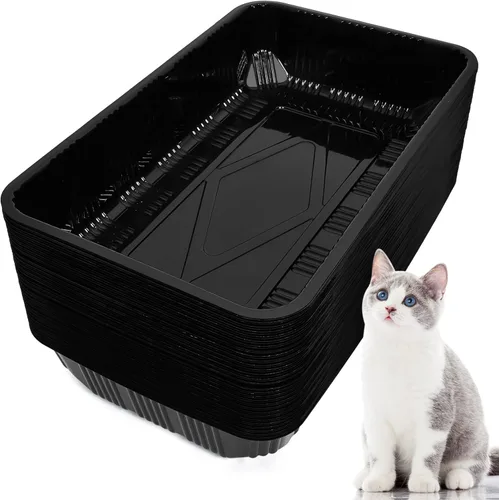 Tessco for you Paquete de 60 cajas de arena desechables para gatos, bandejas de plástico reciclables para viajes de mascotas, 16.7 x 10.5 x 3.4 Negro