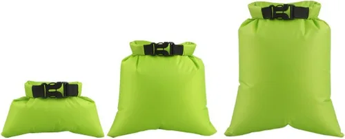 Vista 2 de Juego de 3 bolsas secas impermeables para guardar cosas al aire libre, para kayak, playa, rafting, barco, surf (verde)