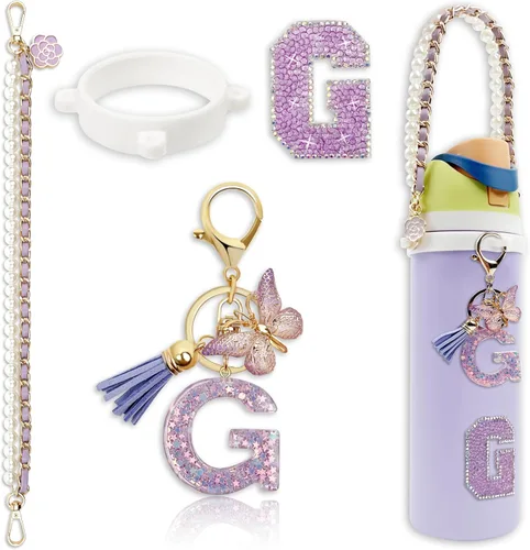 Vista 9 de Letter Handle Strap Accessories with Cute Initial Charm Compatible with Owala Water Bottle 24oz 32oz 40oz Owala Kids