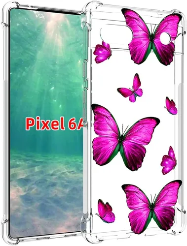 Vista 3 de Funda para Pixel 6A, GX7AS Linda, Transparente Flexible Bumper TPU Suave Goma Silicona Funda Teléfono Funda para Google Pixel 6A Rosa Mariposa