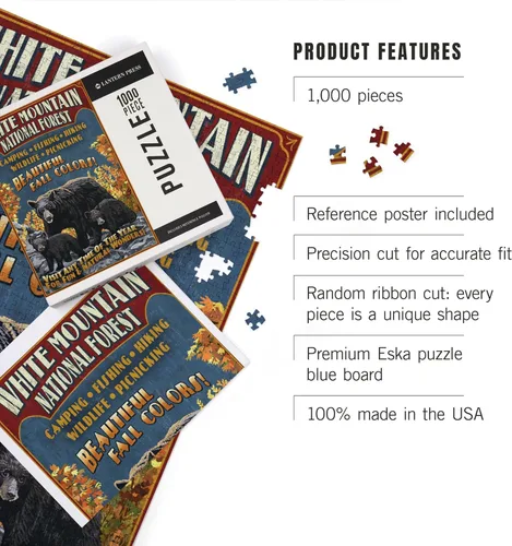 Vista 3 de Lantern Press White Mountains, New Hampshire, Black Bear Vintage Sign 1000 Piece Jigsaw Puzzle for Adults, Made in USA with Reference Poster