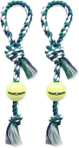 Vista 6 de Mammoth Flossy Chews - Tirón de 3 nudos con pelota de tenis estándar, juguete de algodón y poliéster de primera calidad para perros, juguete
