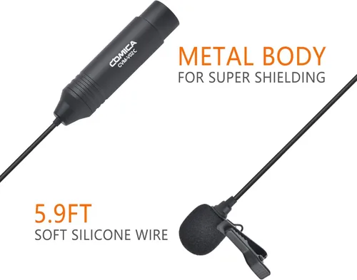 Vista 2 de COMICA CVM-V02C XLR 48V Phantom Power Micrófono de Lavalier cardioide, con clip de solapa y manguito de viento, micrófono de solapa para cámara