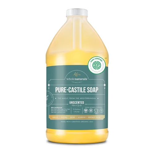 WHOLENATURALS Jabón líquido de Castilla puro, certificado EWG y sin aceite de palma, sin perfume, natural, suave y delicado, sin OMG y vegano -