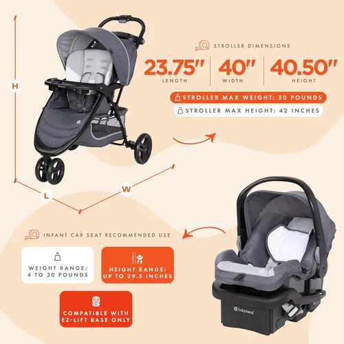 Vista 3 de Baby Trend Cochecito y Asiento Infantil para Auto EZ-Lift, Sistema de Viaje EZ Ride, Gris Dash