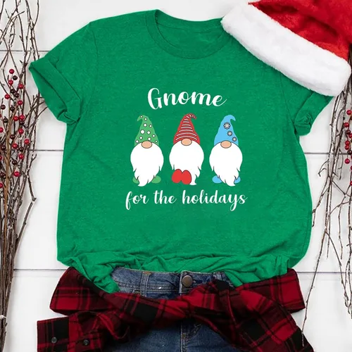 Vista 2 de oelaio Camiseta de manga corta con diseño de gnomos de Navidad para mujer, diseño de gnomo a cuadros blanqueados