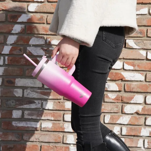 Vista 7 de Konokyo Vaso de 30 onzas con asa y 2 popotes, botella de agua aislada con tapa 2 en 1, taza de café de viaje de acero inoxidable, verde militar