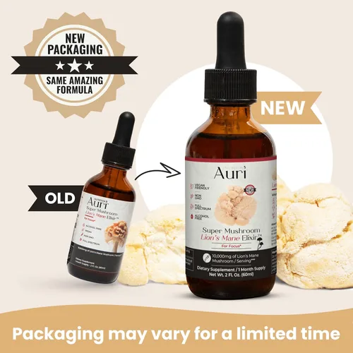 Vista 2 de Auri Elixir líquido de melena de león - Suplementos cerebrales para la memoria y la concentración con hongos funcionales - Suplemento de melena