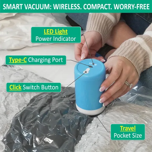 Vista 5 de Cozy Essential Bolsas de almacenamiento al vacío de viaje con bomba USB recargable inalámbrica, bolsas ahorradoras de espacio para equipaje, maleta