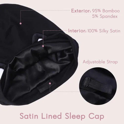 Vista 3 de Hat Hut Gorro de satén de seda para el cabello, gorro de dormir para cabello rizado, gorro ajustable con forro de seda con orejas