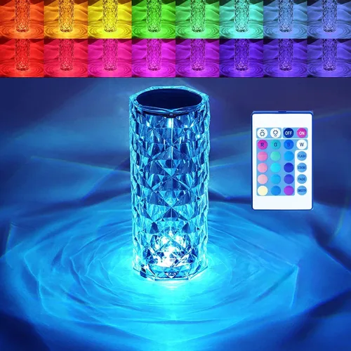BGFHome Lámpara de mesa de cristal RGB que cambia de color, romántica lámpara LED táctil de diamante rosa para sala de estar (control remoto y