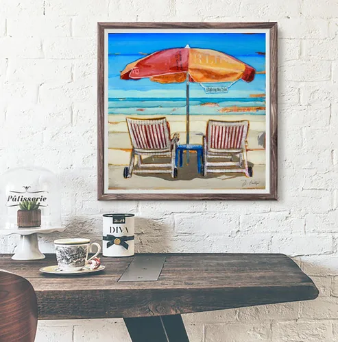 Vista 4 de Stylin By The Sea, Beach Umbrella and Chairs, Danny Phillips Art Print, Unframed, Recycled Beach Coastal Ocean Wall and Home Decor Poster, Mixed