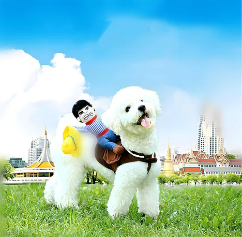 Vista 5 de Disfraz de vaquero para perro, disfraz de jinete de perro de Halloween, ropa divertida de Chucky con muñeca y sombrero, disfraces para perros