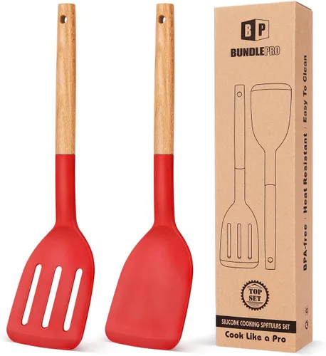 Vista 8 de Paquete de 2 espátulas de cocina de silicona, volteador sólido resistente al calor, espátulas ranuradas antiadherentes con mango corto de madera