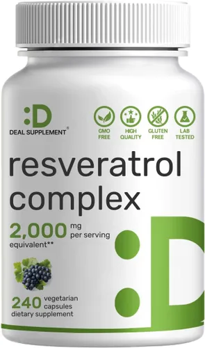 Complejo de resveratrol 2,000 mg, 240 cápsulas vegetales – Trans-resveratrol de fuerza extra con NAD, quercetina, cúrcuma, semilla de uva y más –