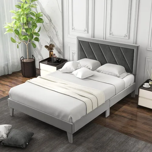 Vista 17 de Giantex Base de cama de terciopelo tamaño Queen con cabecero, moderna plataforma tapizada, base de colchón con 12 listones de madera fuertes,