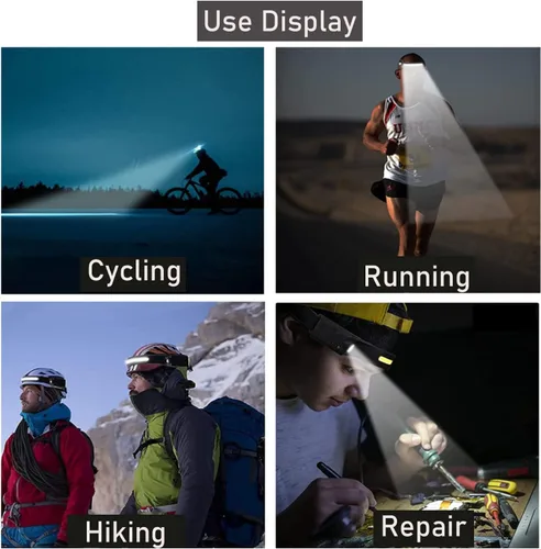 Vista 5 de Linterna frontal recargable, lámpara de cabeza de haz ancho de 230° LED con sensor de movimiento para adultos, luz de casco duro, faro impermeable