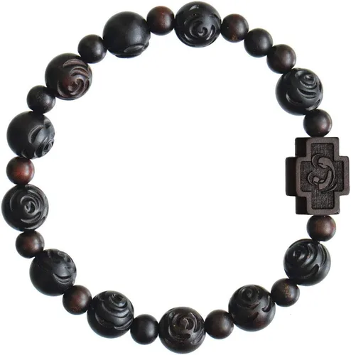 Vista 2 de Sine Cera Pulsera de rosario católico de madera de azufaifo oscuro, cuentas de 0.394 in de corte rosa