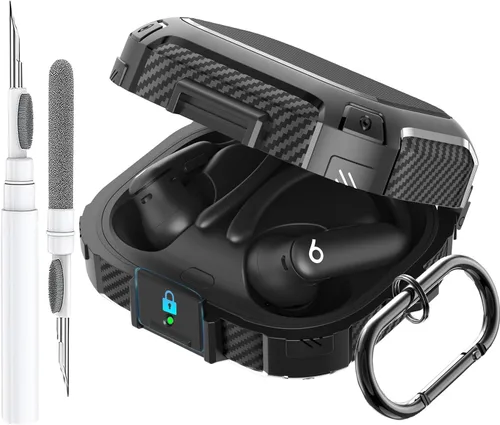 Funda compatible con Beats Powerbeats Pro 2 2025 con cerradura, resistente a prueba de golpes, dura, con mosquetón y bolígrafo limpiador para Negro