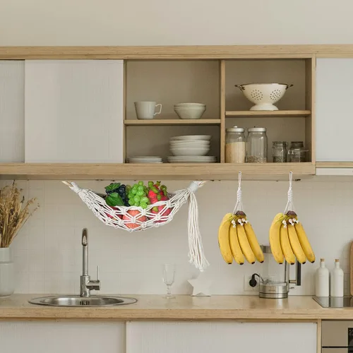 Vista 5 de Luxanna Cesta de frutas para cocina, macramé, hamaca colgante de frutas debajo del gabinete, cesta de verduras con dos ganchos