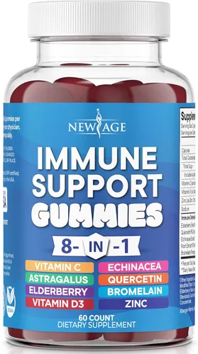 NEW AGE Suplemento de refuerzo de apoyo inmunológico 8 en 1 con saúco, vitamina C y zinc, 50 mg, vitamina D 5000 UI, quercetina y bromelina (gomitas