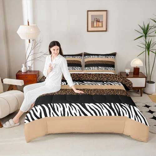 Vista 24 de Juego de edredón con estampado de leopardo para niños, tamaño individual, juego de ropa de cama de moda de piel de guepardo abstracto, decoración