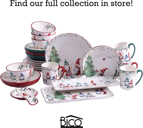 Vista 3 de Bico Juego de 4 platos de ensalada de gnomos de Navidad, platos de postre de cerámica de 8.75 pulgadas para ensalada, aperitivo, guarniciones