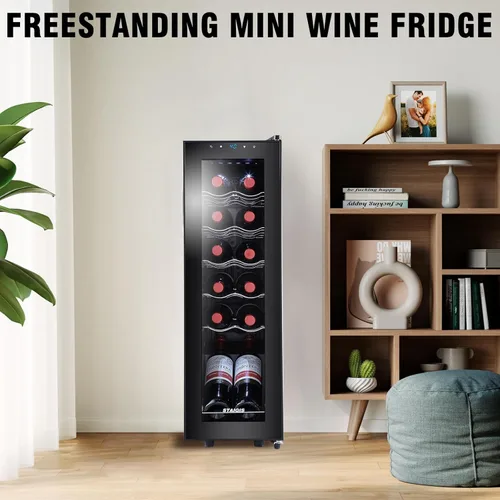 Vista 8 de Refrigerador para vinos de 12 botellas, mini refrigerador para vinos rojos y blancos, pequeño refrigerador independiente con control de temperatura