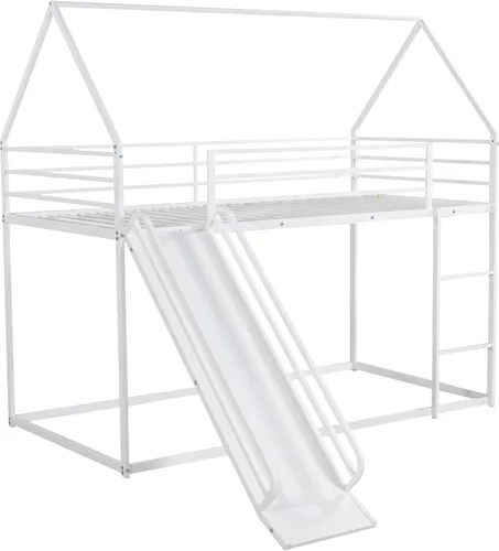 Vista 8 de Harper & Bright Designs Cama Litera Casa con Tobogán, Cama Litera Doble sobre Doble con Techo y Barandillas, Cama Litera Doble sobre Doble de Metal
